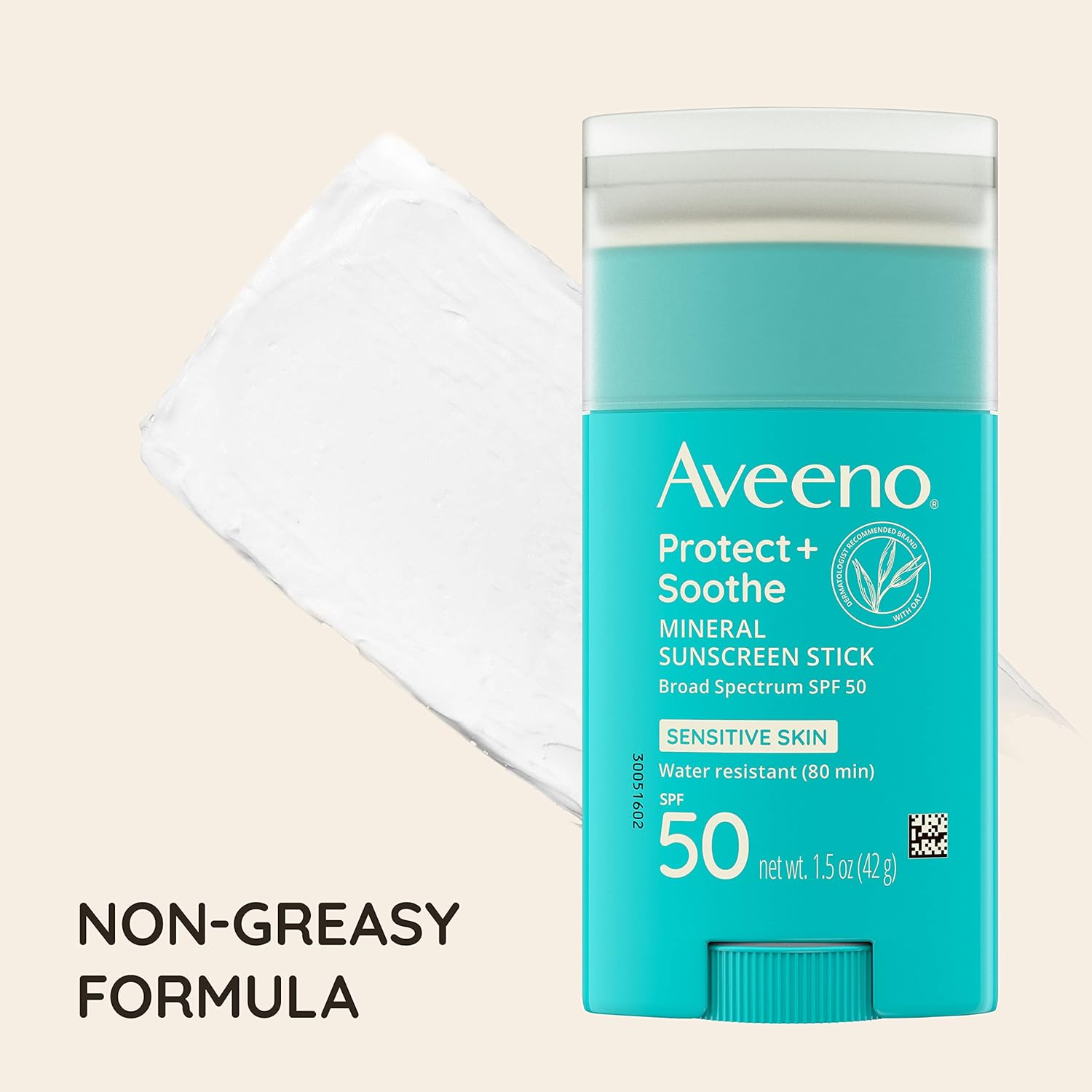Aveeno Protect + Soothe Mineral Sunscreen Stick for Sensitive Skin with Broad Spectrum SPF 50, Water-Resistant Face & Body Sunscreen with Zinc Oxide & Oat, Fragrance-Free, Travel Size, 1.5 oz