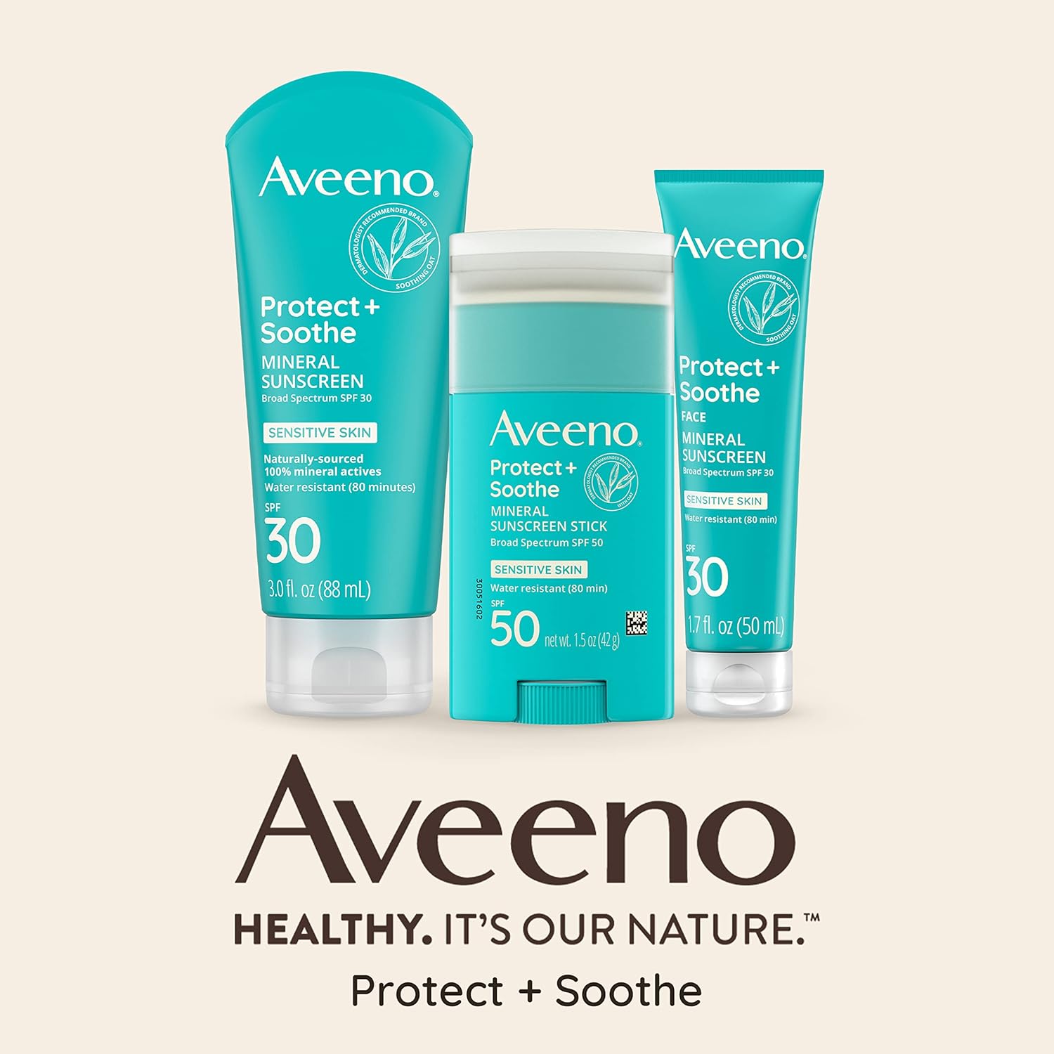 Aveeno Protect + Soothe Mineral Sunscreen Stick for Sensitive Skin with Broad Spectrum SPF 50, Water-Resistant Face & Body Sunscreen with Zinc Oxide & Oat, Fragrance-Free, Travel Size, 1.5 oz