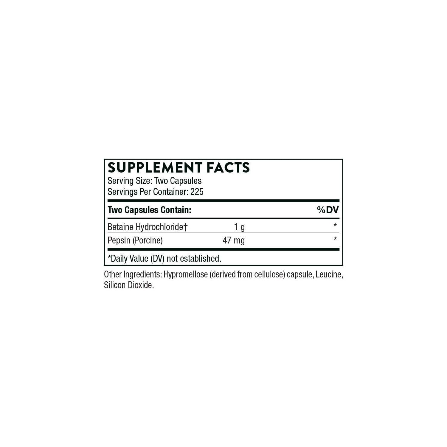 Thorne Research - Betaine HCL & Pepsin - Digestive Enzymes for Protein Breakdown and Absorption - 450 Capsules