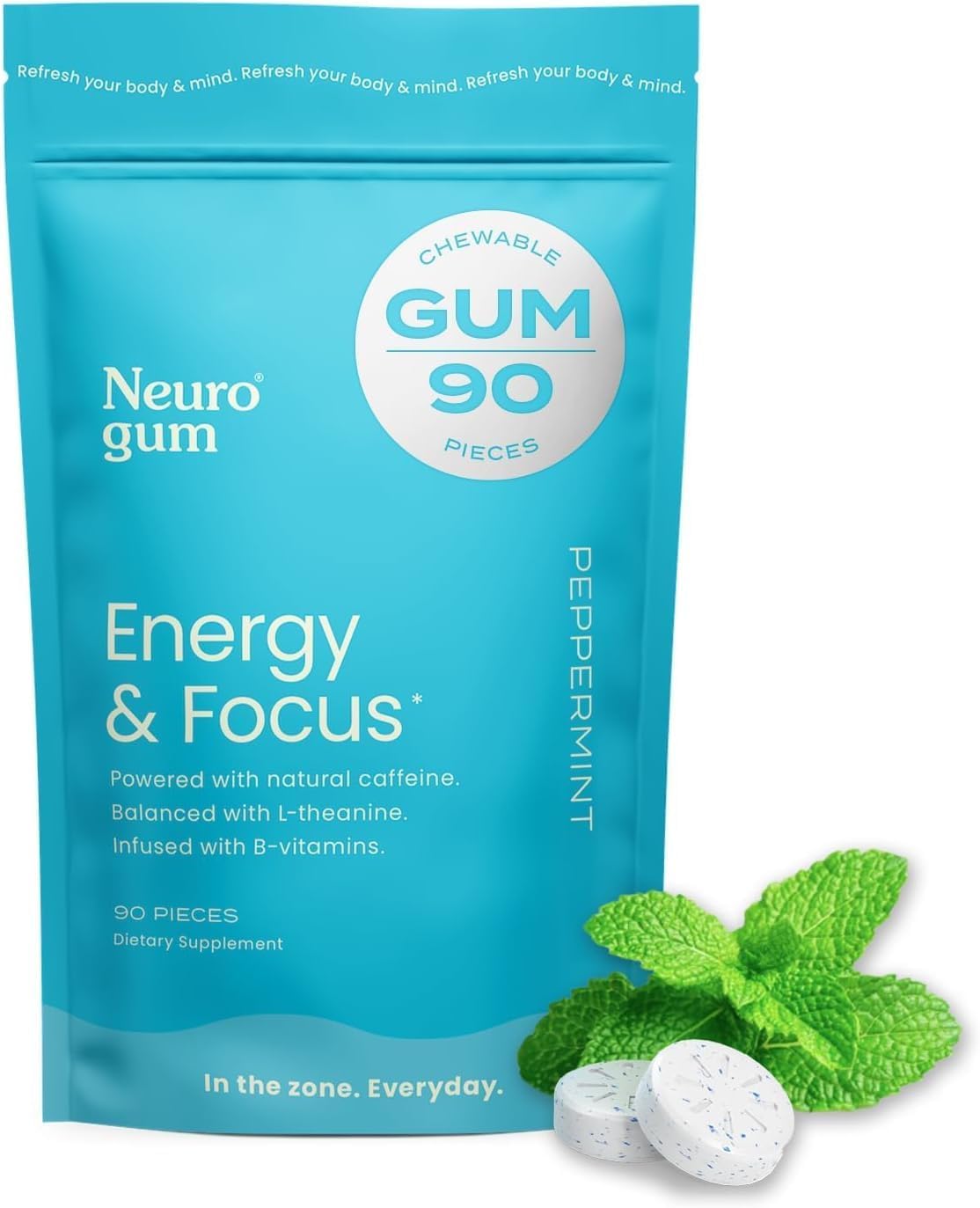 NeuroGum, Energy & Focus, Peppermint, Bulk Bag (90 Pieces)