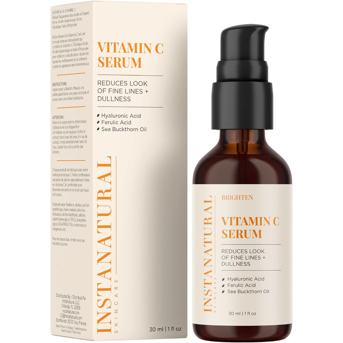 InstaNatural Vitamin C Face Serum, Brightens, Hydrates and Reduces Signs of Aging, with Vitamin C, Hyaluronic and Ferulic Acid, 1 FL Oz