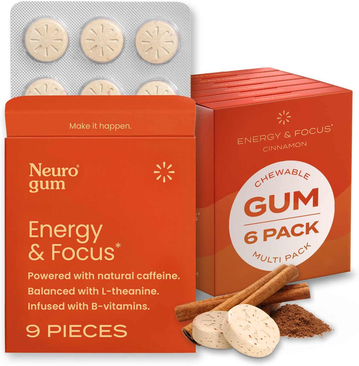 NeuroGum, Energy & Focus, Cinnamon, 6 Packs, 9 Pieces Each (54 Pieces)