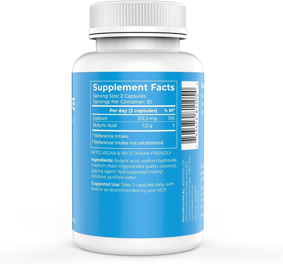 BodyBio Butyrate with Sodium - Supports Healthy Digestion, Gut & Microbiome - Increases Leptin Production for Appetite Control - No Fillers or Additives - 60 Capsules