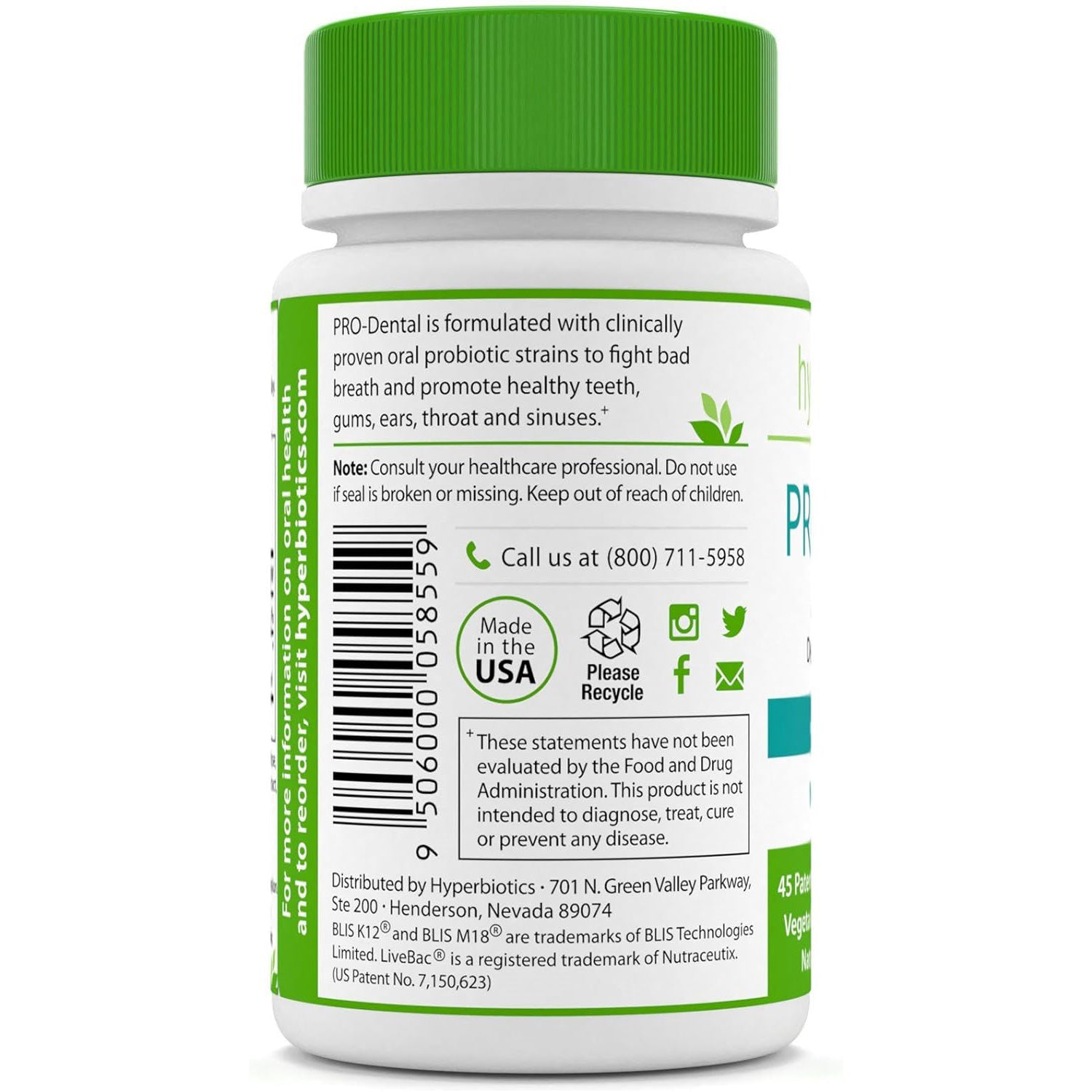 Hyperbiotics PRO-Dental Natural Mint Flavor 45 Chewable Tablets