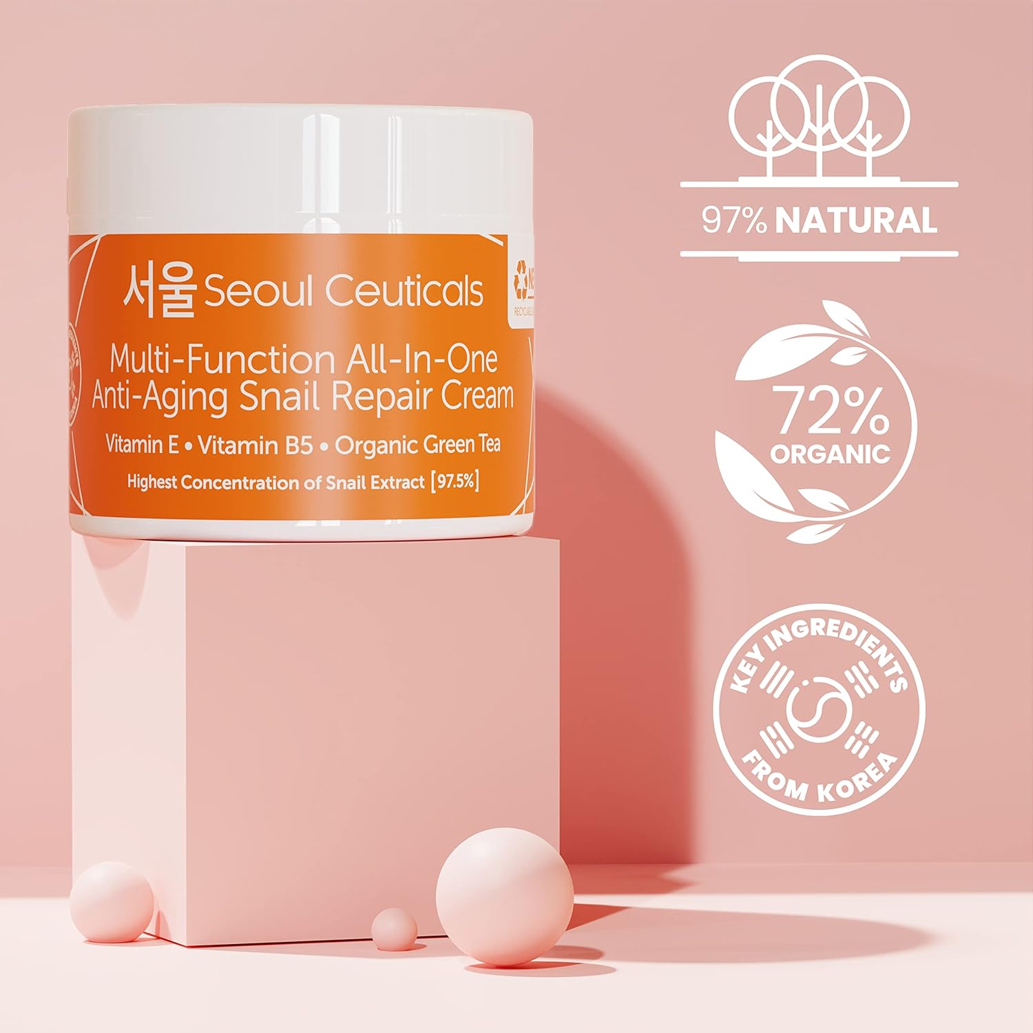 Seoul Ceuticals Korean Skin Care Snail Repair Cream Moisturiser - 97.5% Snail Mucin Extract - All In One Recovery Power For The Most Effective Korean Beauty Routine - 60ml