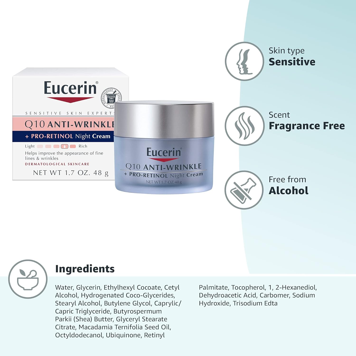 Eucerin Q10 Anti-Wrinkle Night Cream + Pro-Retinol, Facial Cream for Sensitive Skin, 1.7 Oz Jar