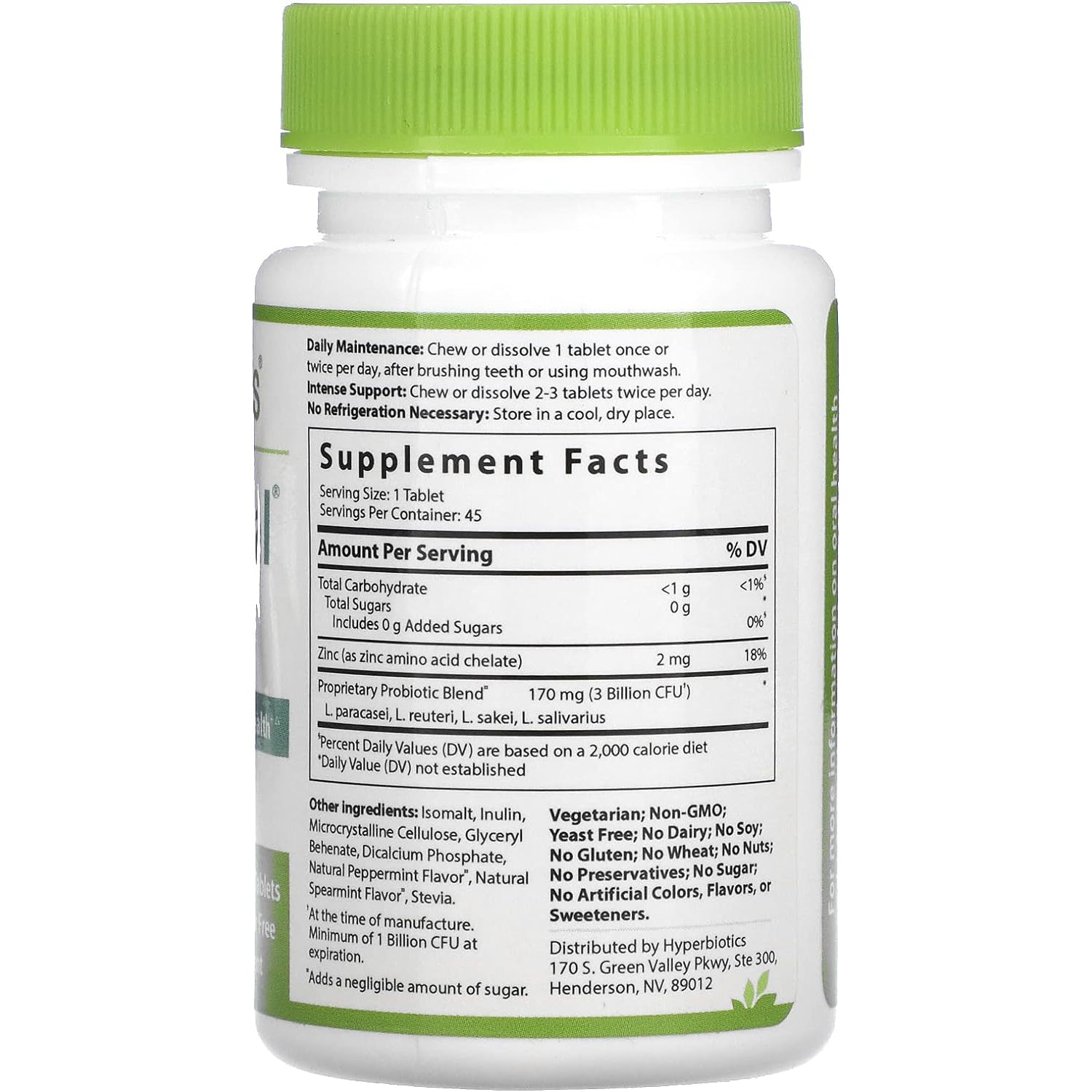 Hyperbiotics PRO-Dental Natural Mint Flavor 45 Chewable Tablets