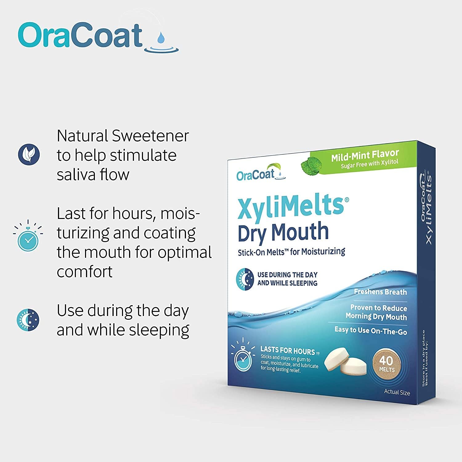 OraCoat XyliMelts for Dry Mouth, Stick-on Melts for Moisturizing,Fresh Breath Gluten Free, Mild-Mint Flavour (240)