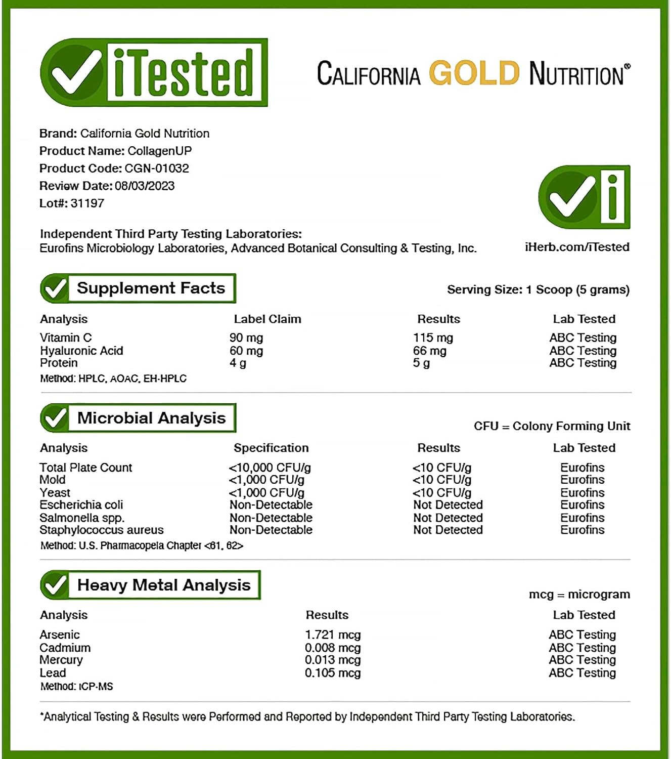 California Gold Nutrition CollagenUP Marine Collagen Hyaluronic Acid Vitamin C Unflavored 16 36 oz 464 g