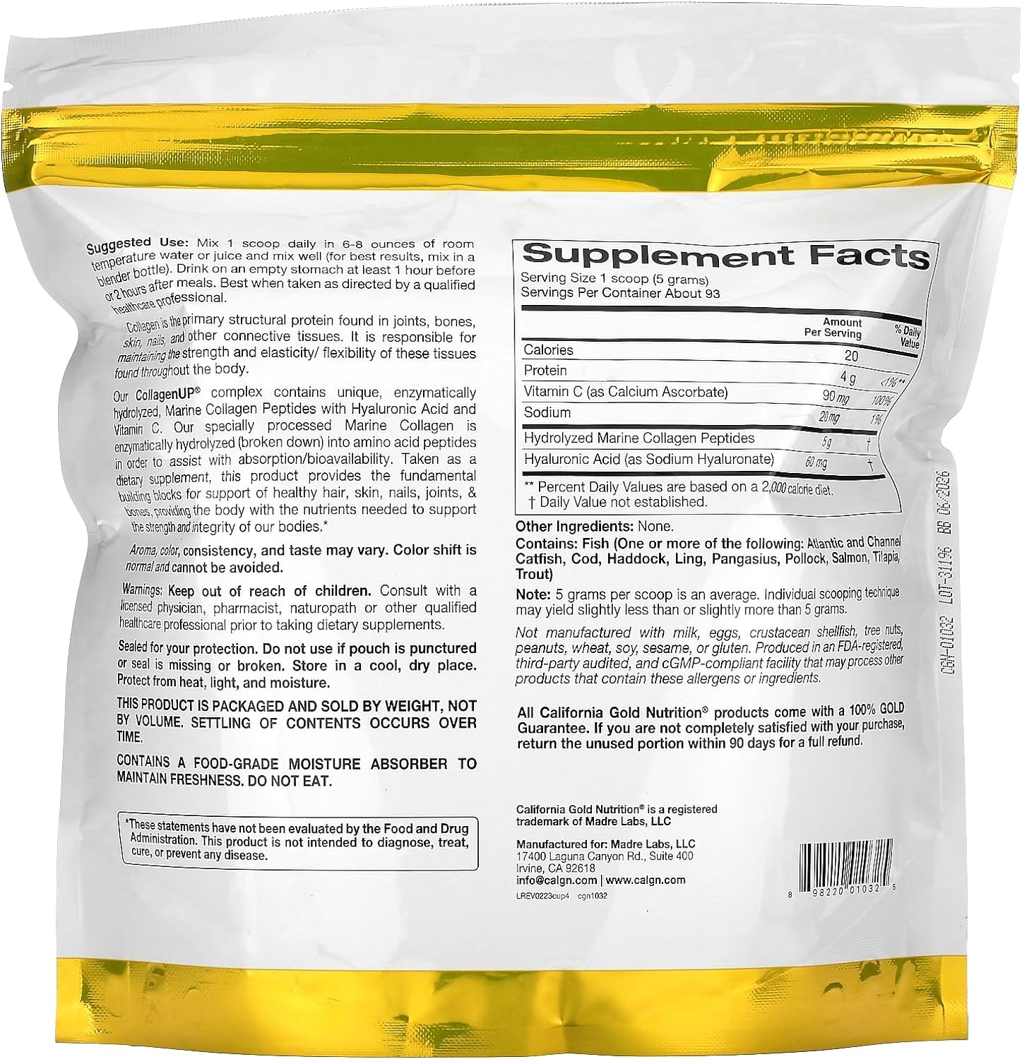 California Gold Nutrition CollagenUP Marine Collagen Hyaluronic Acid Vitamin C Unflavored 16 36 oz 464 g