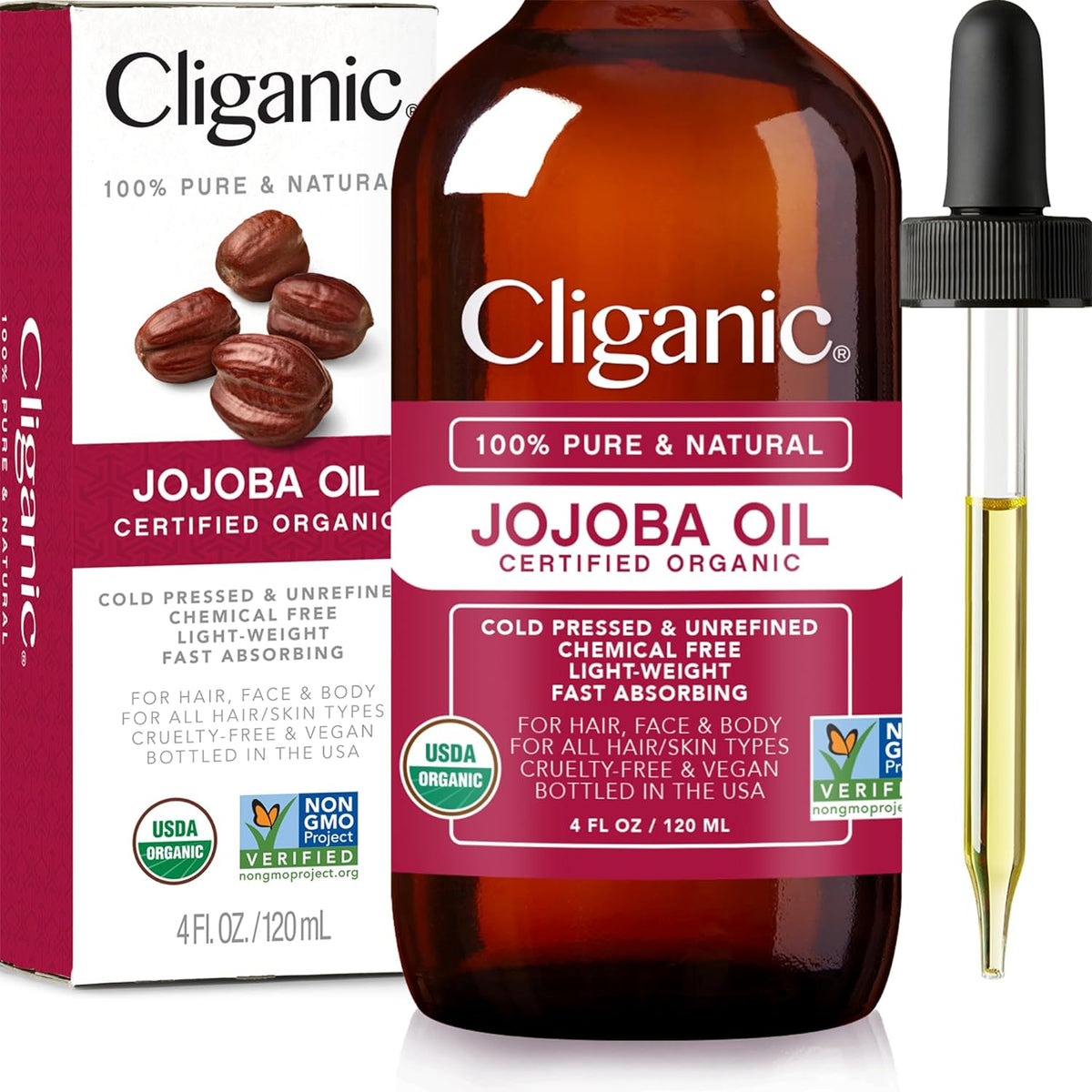 USDA Organic Jojoba Oil, 100% Pure (4oz Large)  Natural Cold Pressed Unrefined Hexane Free Oil for Hair & Face  Carrier Oil - Certified Organic  Cliganic 90 Days Warranty