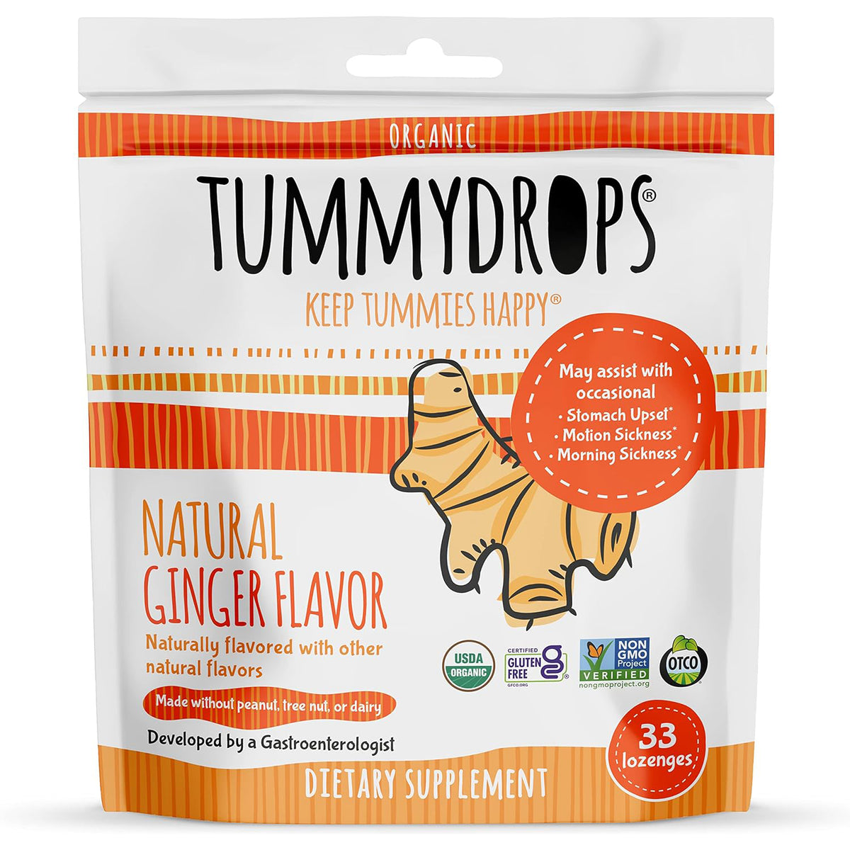 Natural Ginger Tummydrops (Resealable Bag of 33 Individually Wrapped Drops) Certified Oregon Tilth USDA Organic, Non-GMO Project, GFCO Gluten-Free, and KOF-K Kosher