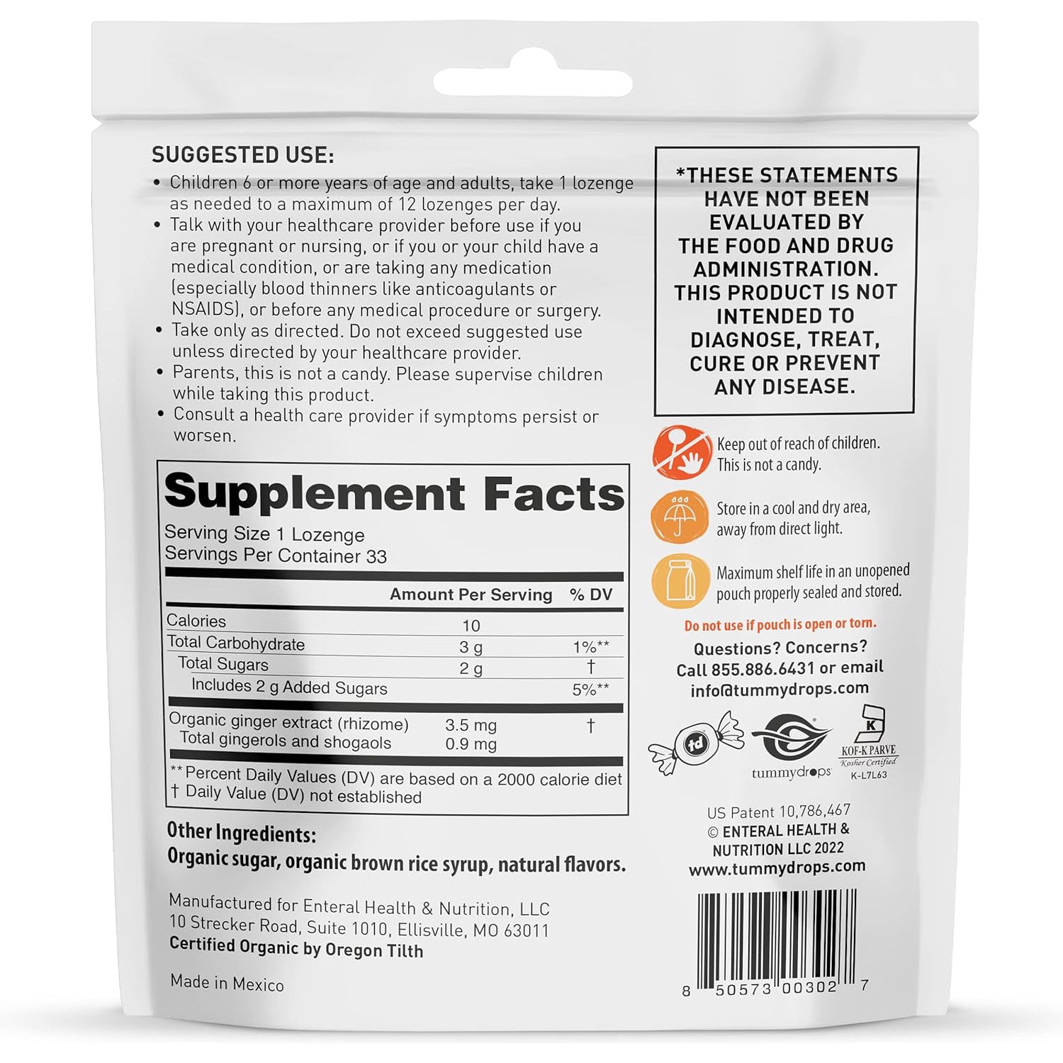 Natural Ginger Tummydrops (Resealable Bag of 33 Individually Wrapped Drops) Certified Oregon Tilth USDA Organic, Non-GMO Project, GFCO Gluten-Free, and KOF-K Kosher