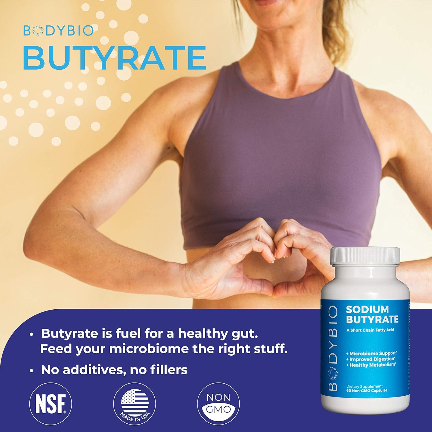 BodyBio Butyrate with Sodium - Supports Healthy Digestion, Gut & Microbiome - Increases Leptin Production for Appetite Control - No Fillers or Additives - 60 Capsules