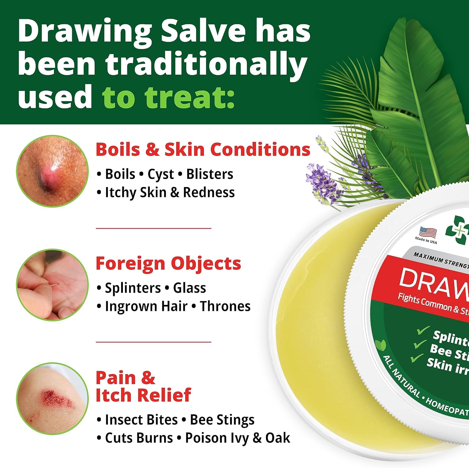Amish Origins Draw Salve–2 oz, Authentic Amish Formula,Natural Powerful Salve, Provides Relief from Topical Pain and Irritations, Splinters, Sores, Bee Stings,Foreign Objects Embedded in The Skin