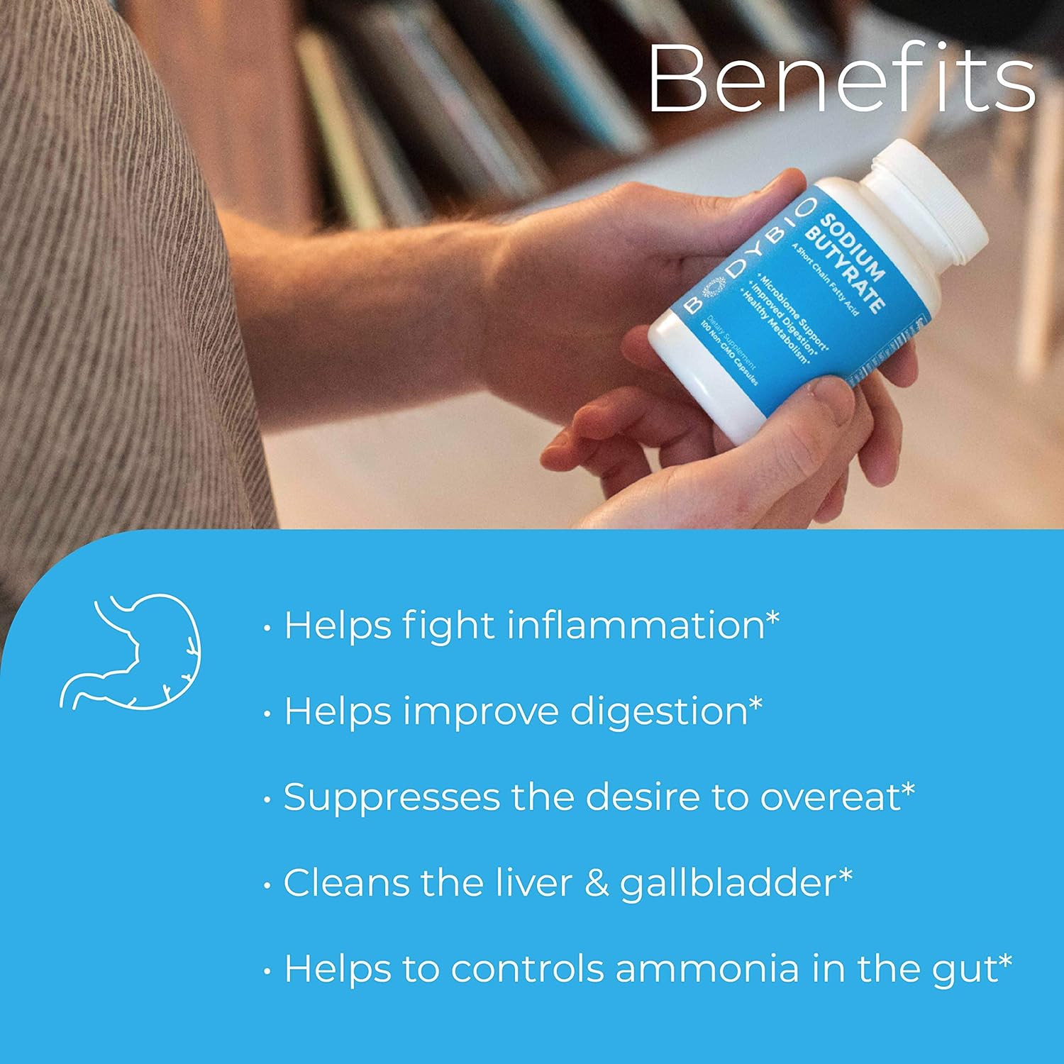 BodyBio Butyrate with Sodium - Supports Healthy Digestion, Gut & Microbiome - Increases Leptin Production for Appetite Control - No Fillers or Additives - 60 Capsules