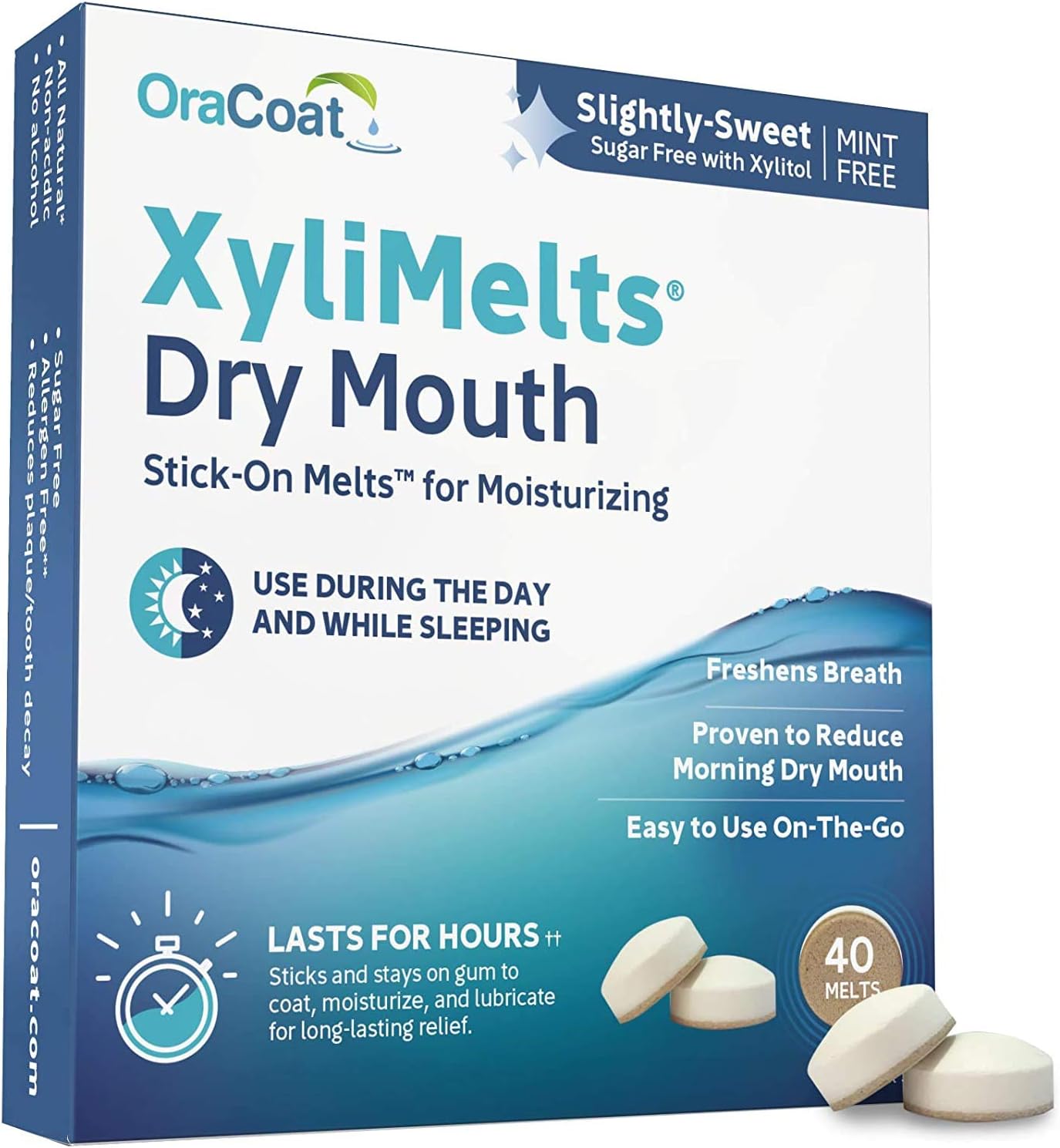 OraCoat XyliMelts Dry Mouth Relief Moisturizing Oral Adhering Discs Slightly Sweet with Xylitol, For Dry Mouth, Stimulates Saliva, Non-Acidic, Day and Night Use, Time Release for up to 8 Hours (240) 6 Packs