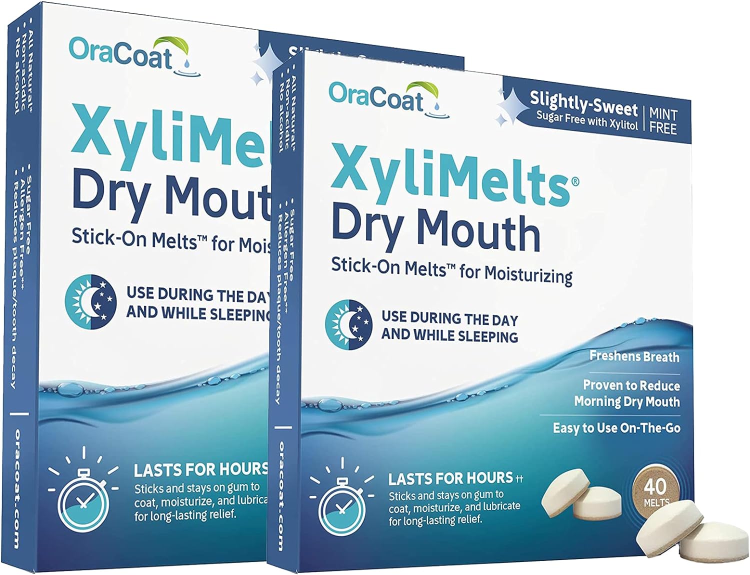 OraCoat XyliMelts Dry Mouth Relief Moisturizing Oral Adhering Discs Slightly Sweet with Xylitol, For Dry Mouth, Stimulates Saliva, Non-Acidic, Day and Night Use, Time Release for up to 8 Hours (240) 6 Packs