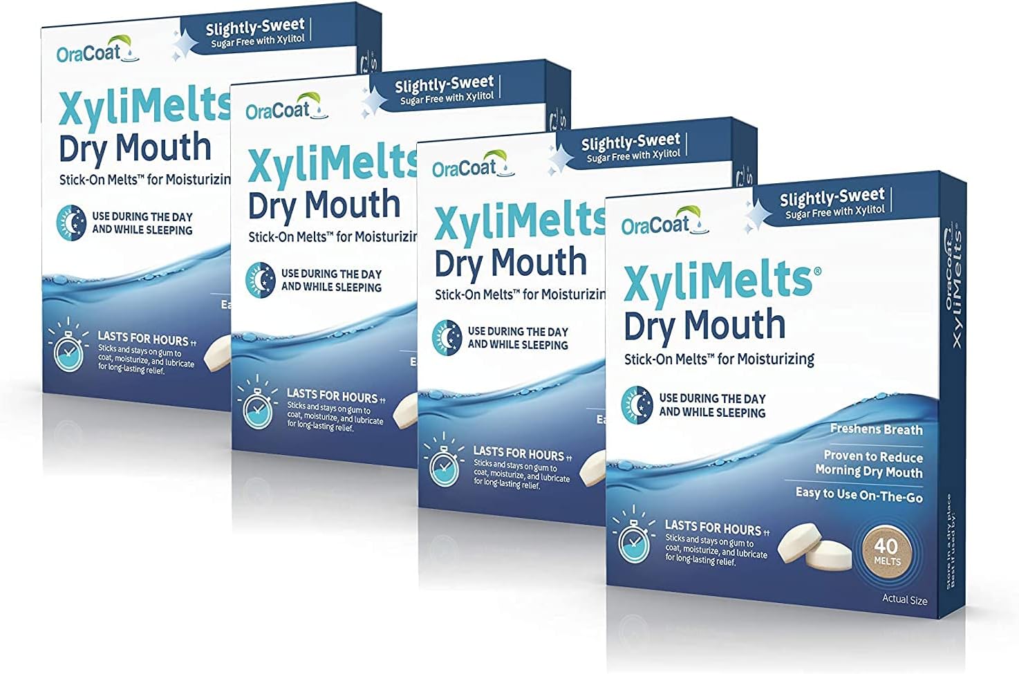 OraCoat XyliMelts Dry Mouth Relief Moisturizing Oral Adhering Discs Slightly Sweet with Xylitol, For Dry Mouth, Stimulates Saliva, Non-Acidic, Day and Night Use, Time Release for up to 8 Hours (240) 6 Packs
