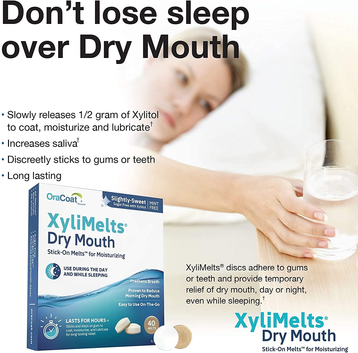 OraCoat XyliMelts Dry Mouth Relief Moisturizing Oral Adhering Discs Slightly Sweet with Xylitol, For Dry Mouth, Stimulates Saliva, Non-Acidic, Day and Night Use, Time Release for up to 8 Hours (240) 6 Packs